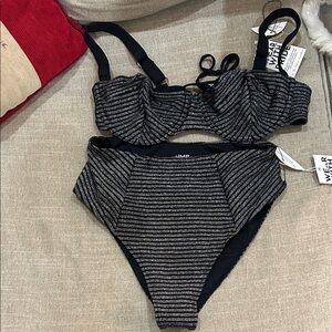 High-Waist Glitter Stripe Bikini Set - NWT